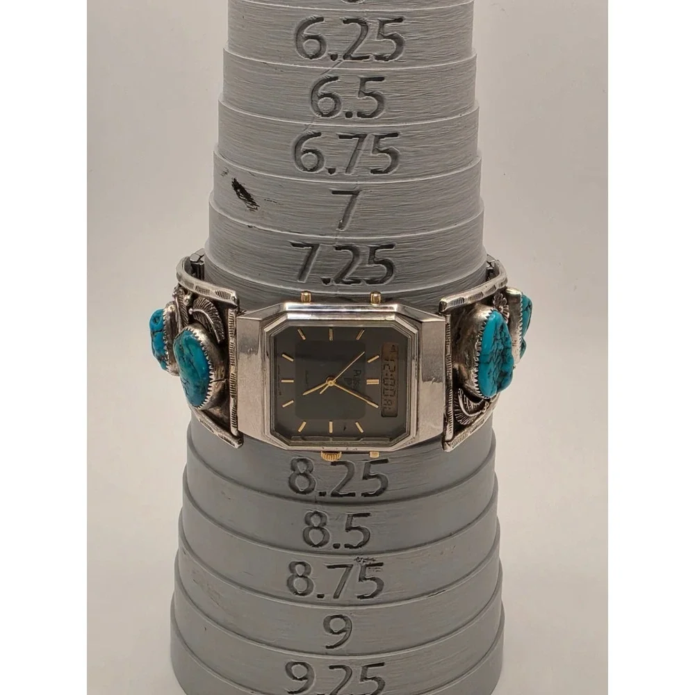 Vintage Pulsar V031-5080 Ana-Digi Watch Sterling Silver Turquoise Cuff Signed